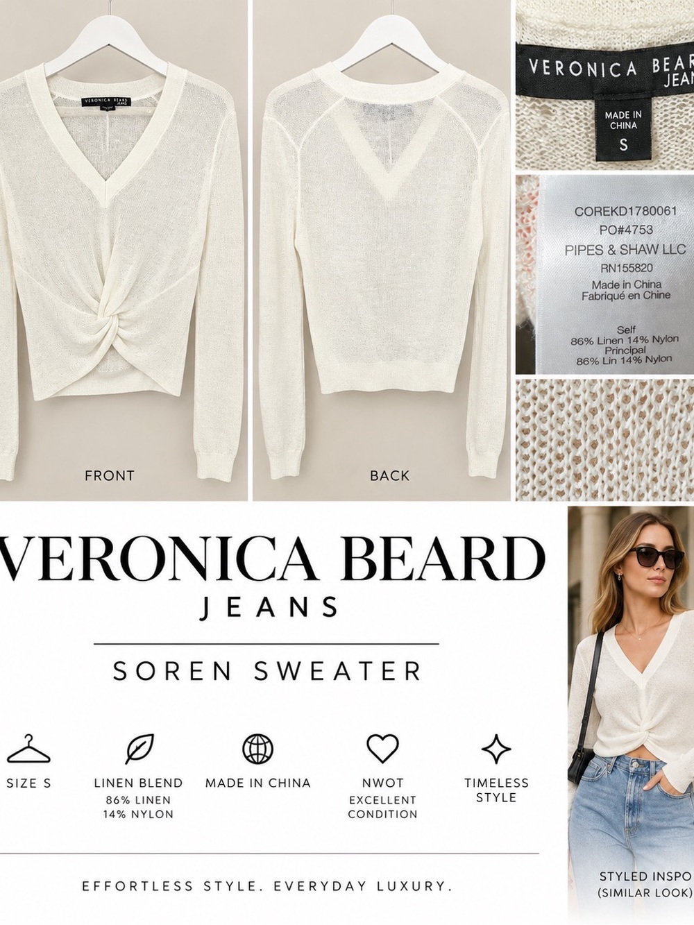 Veronica Beard Ivory V-Neck Twist-Front Linen-Blend Sweater